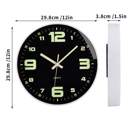 VIVILINEN luminous wall clock with large numbers, no ticking noise, quartz round clock, battery-operated, silent hanging clock for kitchen, home, office, living room, bedroom 12 inch