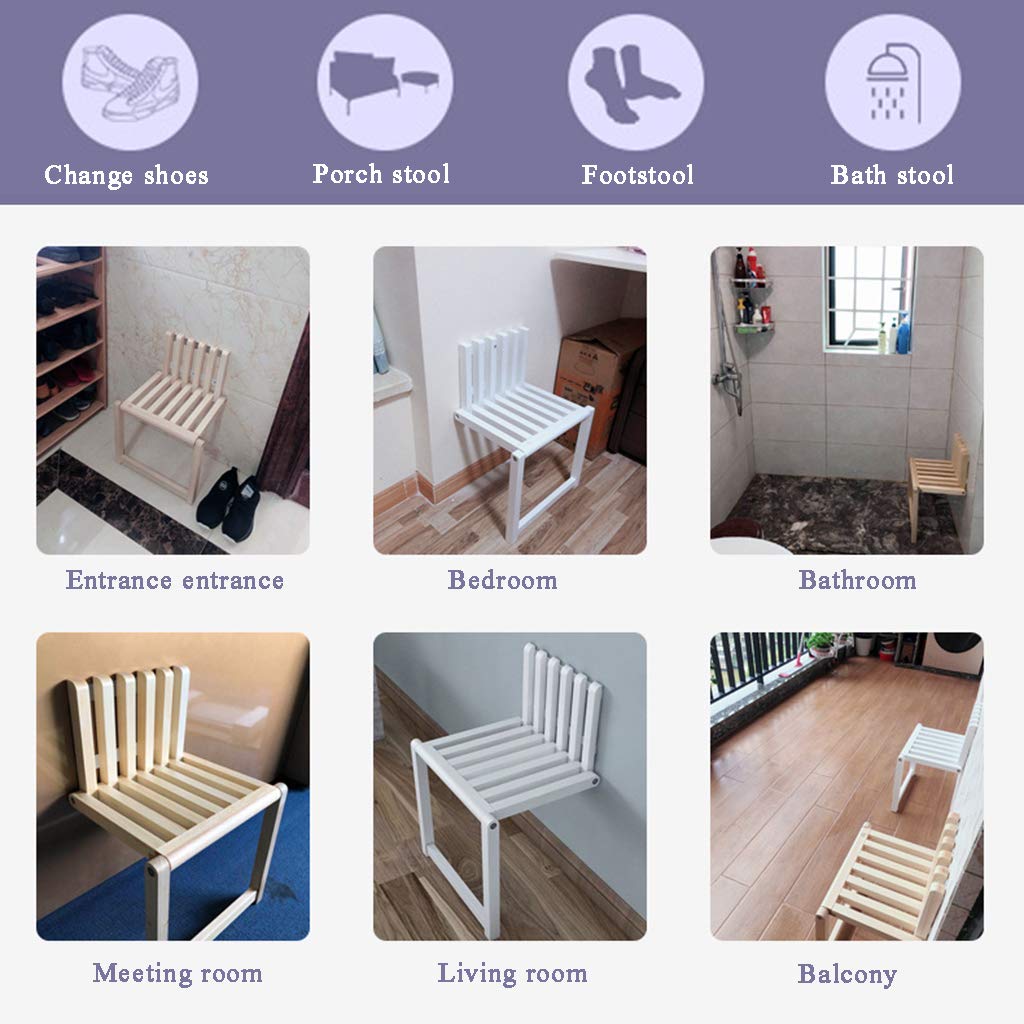 LFIEVO Folding Chair Wall-Mounted Shoe Changing Stool Balcony Solid Wood Chair 150kg Load-Bearing Easy Installation Space-Saving Multifunctional Stool (White)
