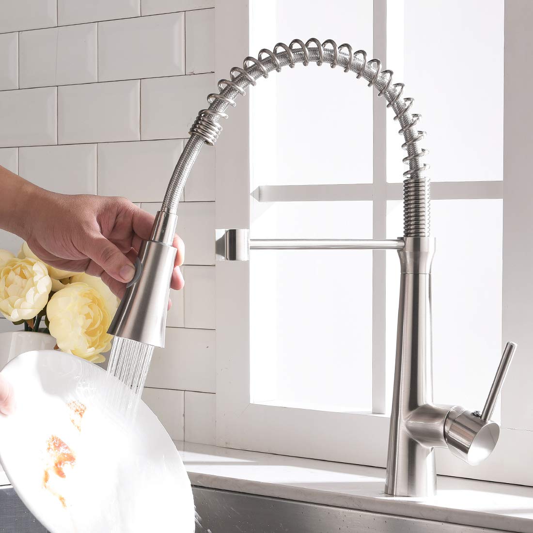 TIMACO kitchen faucet 360° swivel kitchen tap mixer kitchen faucet brushed nickel spiral spring faucet.