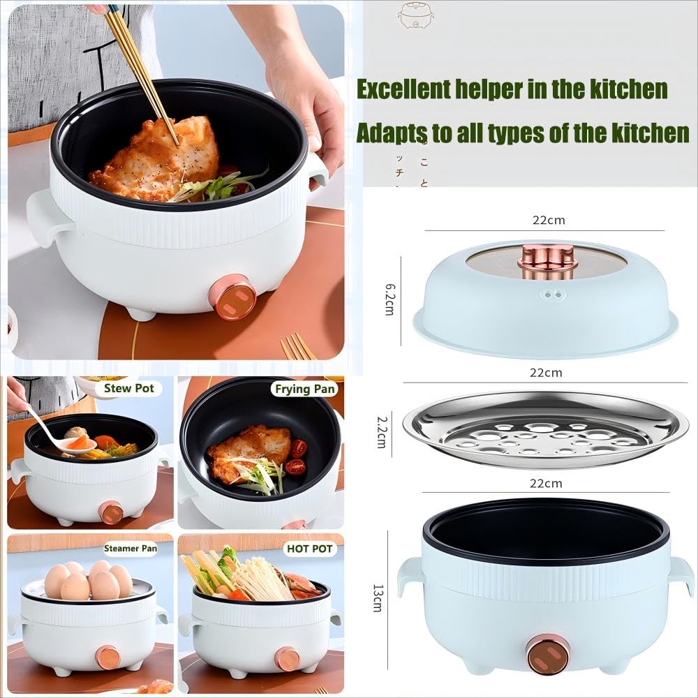 RHD Electric Hot Pot 2.2L with Steamer, Portable Non-Stick Frying Pan, Travel Cooker for Frying/Ramen/Fondue/Soup for Dorm/Camping/Home, Dual Power Control, Overheat Protection