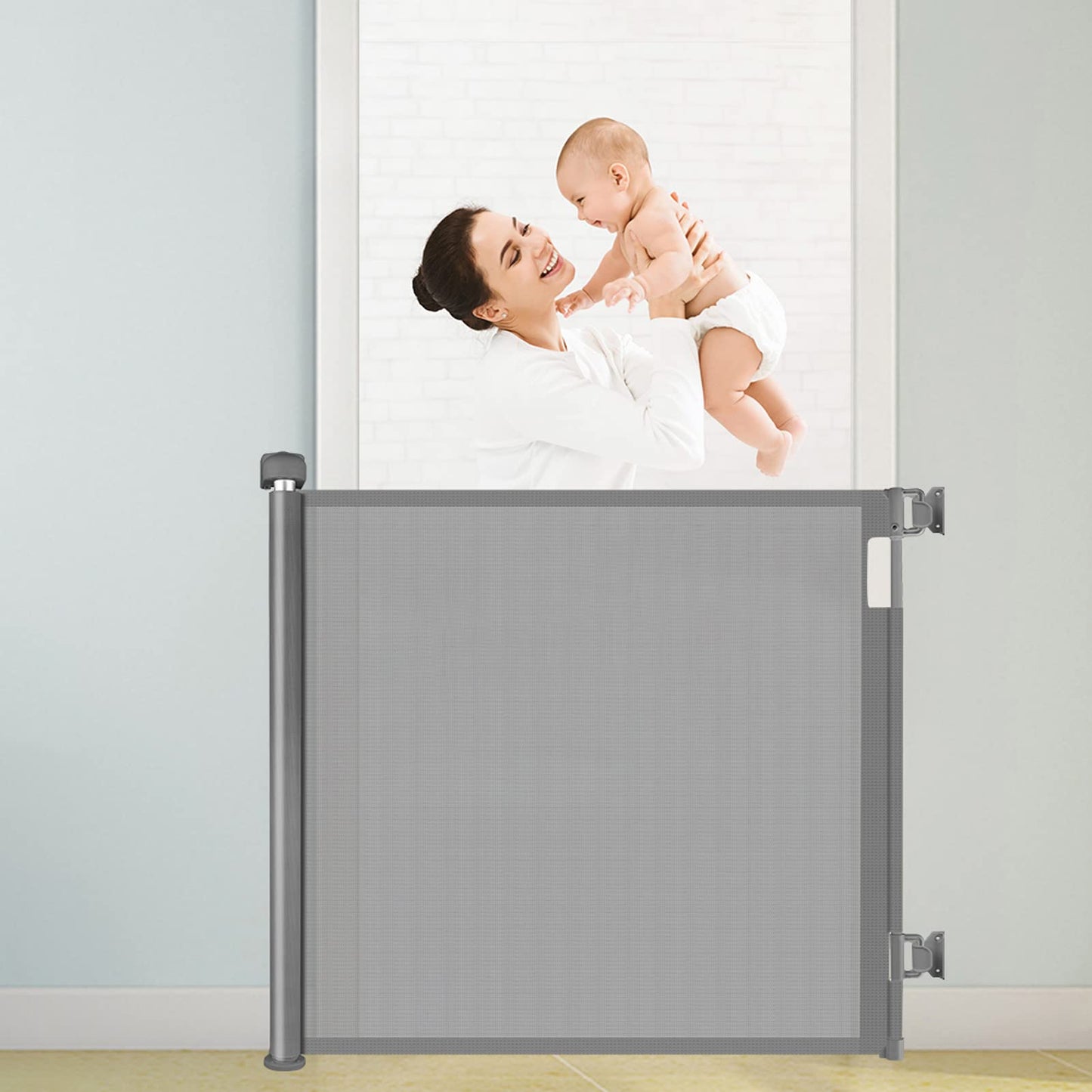 HollyHOME Retractable Stair Gate 0-180cm, Extra Wide Baby Gate, One-Hand Operation, Door Gate for Babies and Pets, Child Safety Gate, Mesh Gate for Stairs, Doors, Hallways, Grey.