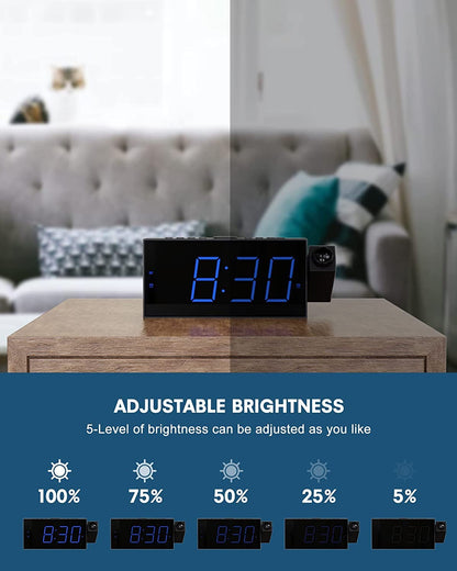 ROCAM alarm clock with projection, projection clock with USB charger, battery backup, 350° projector & dimmer, large LED display, 12/24H, DST, snooze, digital clock for kids