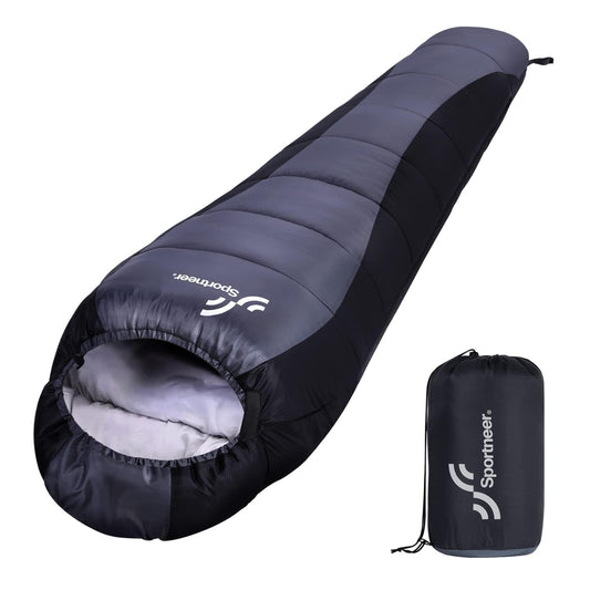Outdoor mummy sleeping bag: Sportneer 3-4 seasons lightweight water-resistant sleeping bag 5°C - 15°C for travel festival camping indoor compact & ultralight, black+grey.
