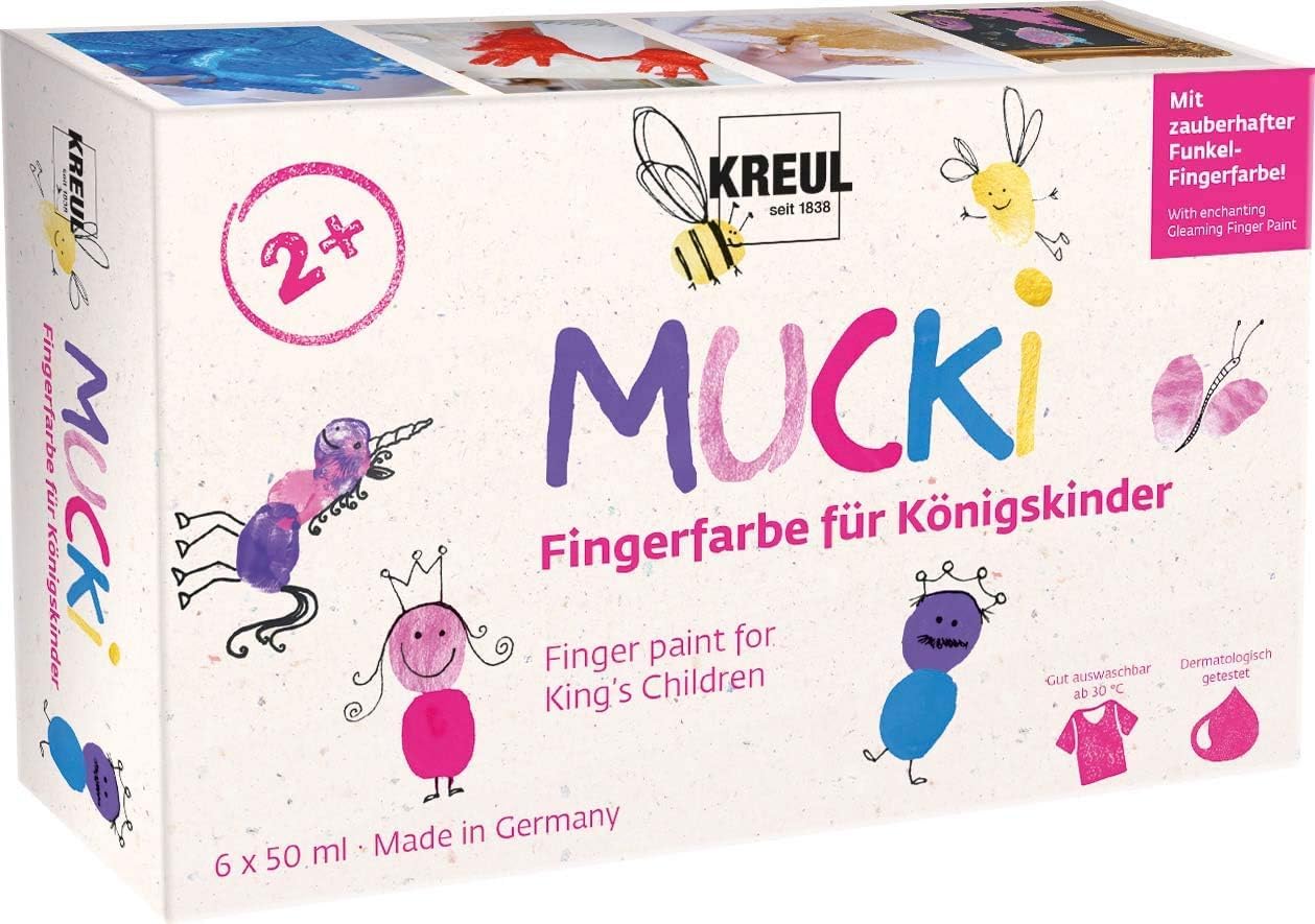 Kreul 23051 - Mucki finger paint for royal children, 6 x 50 ml & 2314 - Mucki vibrant finger paint, 4 x 150 ml in yellow, red, blue, and green, paraben-free, gluten-free, lactose-free, and vegan.