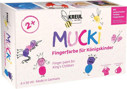 Kreul 23051 - Mucki finger paint for royal children, 6 x 50 ml & 2314 - Mucki vibrant finger paint, 4 x 150 ml in yellow, red, blue, and green, paraben-free, gluten-free, lactose-free, and vegan.
