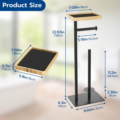 Free-standing toilet paper holder with top shelf in bamboo, black toilet paper roll holder stand, floor-standing toilet paper dispenser with space for 4 spare rolls.