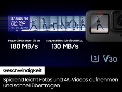 Samsung PRO Plus microSD card + SD adapter, 256GB, for mobile gaming on smartphones, tablets, and handheld consoles. UHS-I U3, Full HD & 4K UHD, 180MB/s read, 130MB/s write. Model: MB-MD256SA/EU.