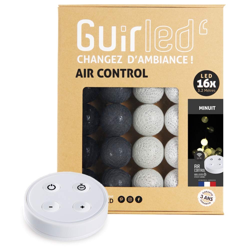 GuirLED - LED cotton ball string lights USB - Wireless remote control - Baby night light 2h - Dual USB 2A power adapter included - 4 intensities - 16 balls 1.6m - Midnight