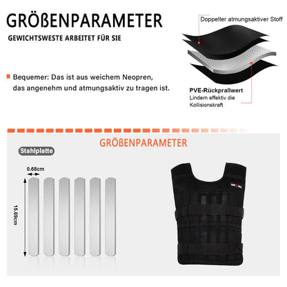 Adjustable 20 kg weight vest, workout weight vest, fitness weight jacket, for men and women (Includes 96 steel plate weights)