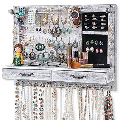 QILICZ Wall Mount Jewelry Organizer Jewelry Holder with Bracelet Bar, 21 Hooks, Drawer Jewelry Storage for Earrings, Studs, Necklaces, Bracelets, Rings, and Accessories