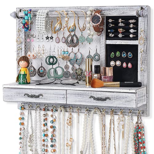 QILICZ Wall Mount Jewelry Organizer Jewelry Holder with Bracelet Bar, 21 Hooks, Drawer Jewelry Storage for Earrings, Studs, Necklaces, Bracelets, Rings, and Accessories