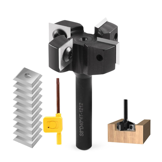 8mm shank 4 flute planer cutter with 10 interchangeable carbide inserts(12x12x1.5mm), diameter 40mm, CNC panel cutter cleaning cutter for router woodworking(D=40 S=8)