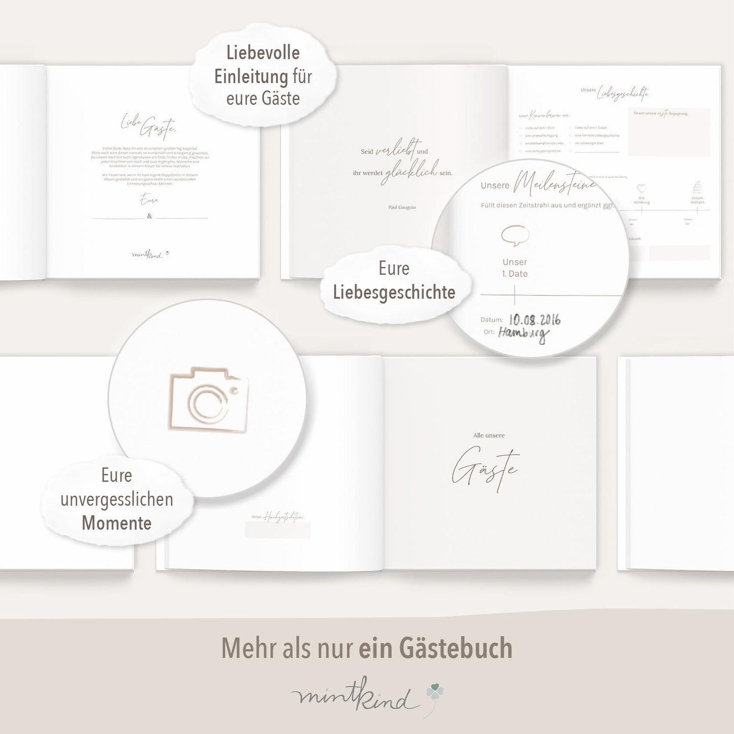 mintkind® Guestbook Wedding for Writing Greenery incl. 4 sticker sheets | 84 pages for creative design | Wedding gifts for the bridal couple as wedding decor | Golden Wedding Silver Wedding
