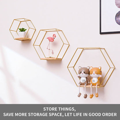 Hexagon wall shelf metal 3 piece set, gold decorative hanging shelf loft wall shelves, wall shelf for wall decor in living room, bedroom, bathroom, café, and hotel