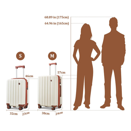 Joyway trolley suitcase, hard shell carry-on with drink holder, 4 wheels, TSA lock, white brown.