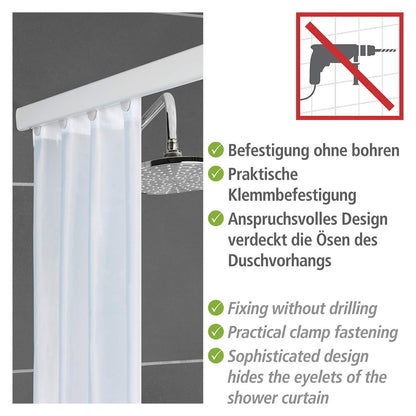 WENKO Telescopic Shower Curtain Rail Era White, extendable rail made of rust-free aluminum, for hanging all shower curtains, including attachment without drilling, 75-125 x 2 x 3.5 cm
