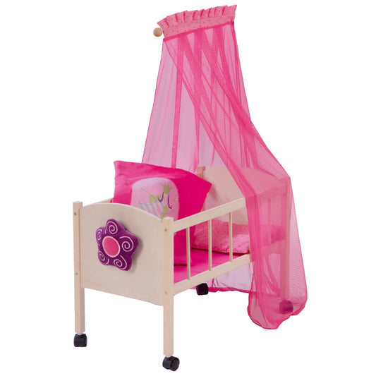 roba doll's bed series 'Happy Fairy', natural wood incl. textile accessories, bedding & canopy pink