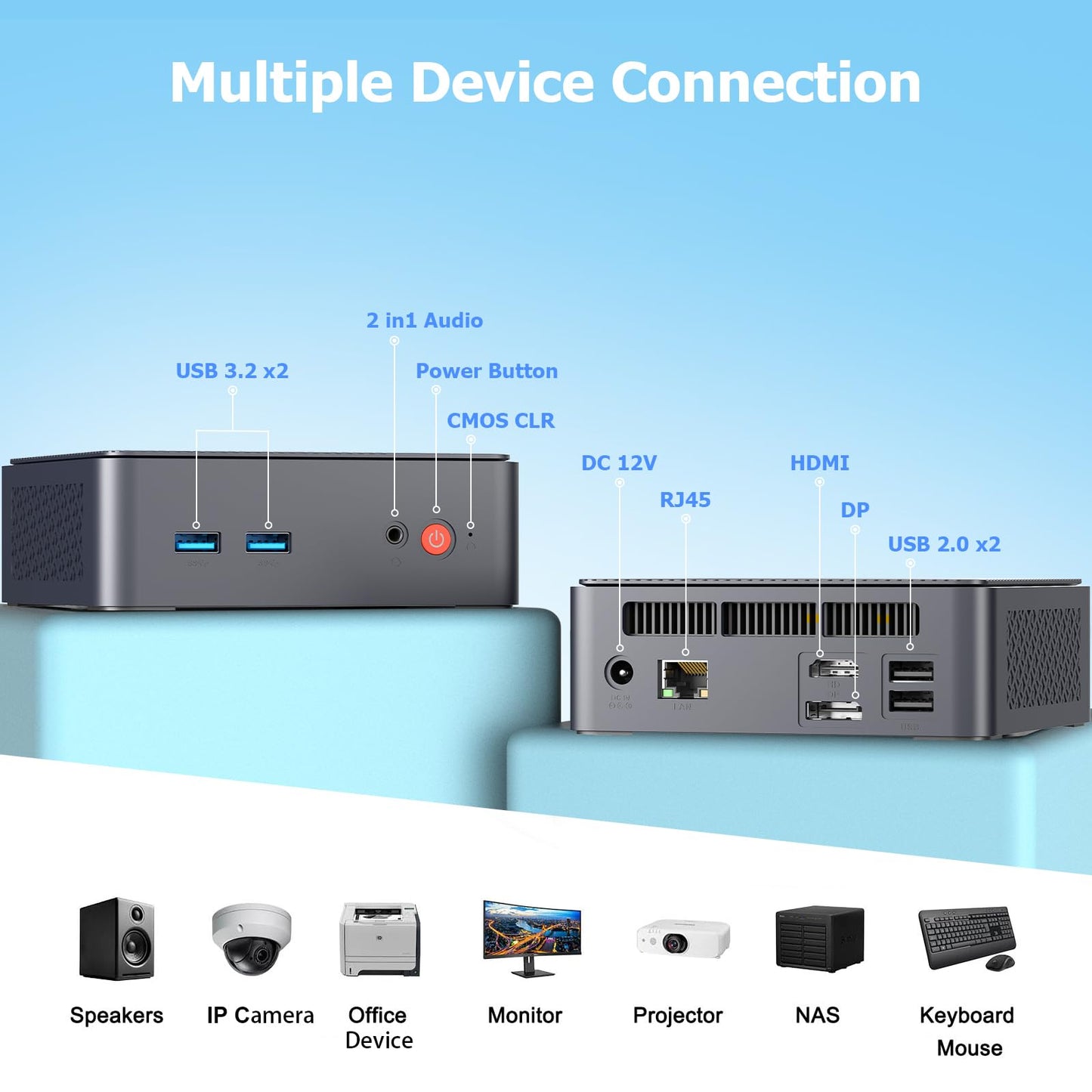 AWOW Mini PC W-11 Pro Gen12 N100 with Quad Core 3.40 GHz, 16 GB DDR4 512 GB M.2 SSD. This Mini Desktop Computer features Dual Display with HDMI DP 4K@60 Hz, RJ45 1000Mbps Gigabit Ethernet, and WiFi5.