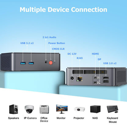 AWOW Mini PC W-11 Pro Gen12 N100 with Quad Core 3.40 GHz, 16 GB DDR4 512 GB M.2 SSD. This Mini Desktop Computer features Dual Display with HDMI DP 4K@60 Hz, RJ45 1000Mbps Gigabit Ethernet, and WiFi5.