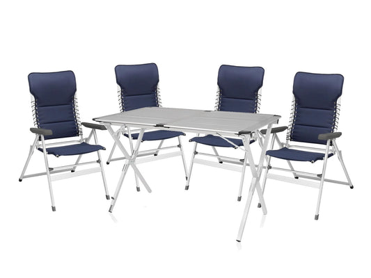 Luxury camping set - large aluminum camping table with comfortable, lightweight, and foldable chairs - easy to store.