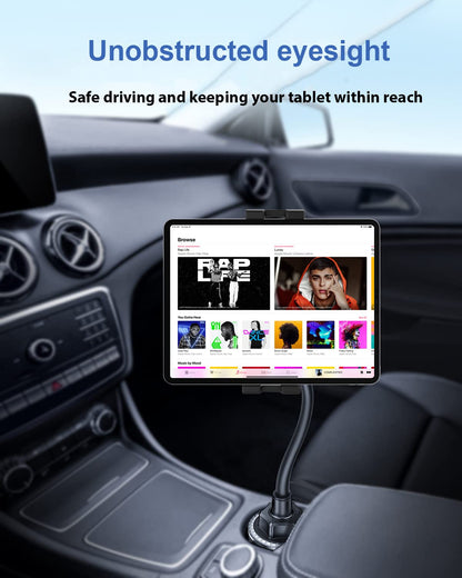 Oilcan tablet car cup holder, swan neck car tablet drink holder with flexible long arm for iPad Pro Air Mini, Samsung Tab, Fire, iPhone 13 Pro Max, 4-12.9" phones and tablets.