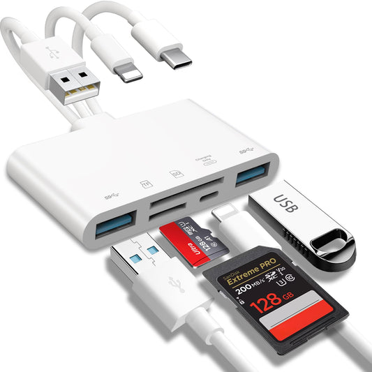 5-in-1 memory card reader, USB OTG adapter & SD card reader for iPhone/iPad, USB C and USB A devices with micro SD & SD card slots, supports SDHC/SDXC/MMC.