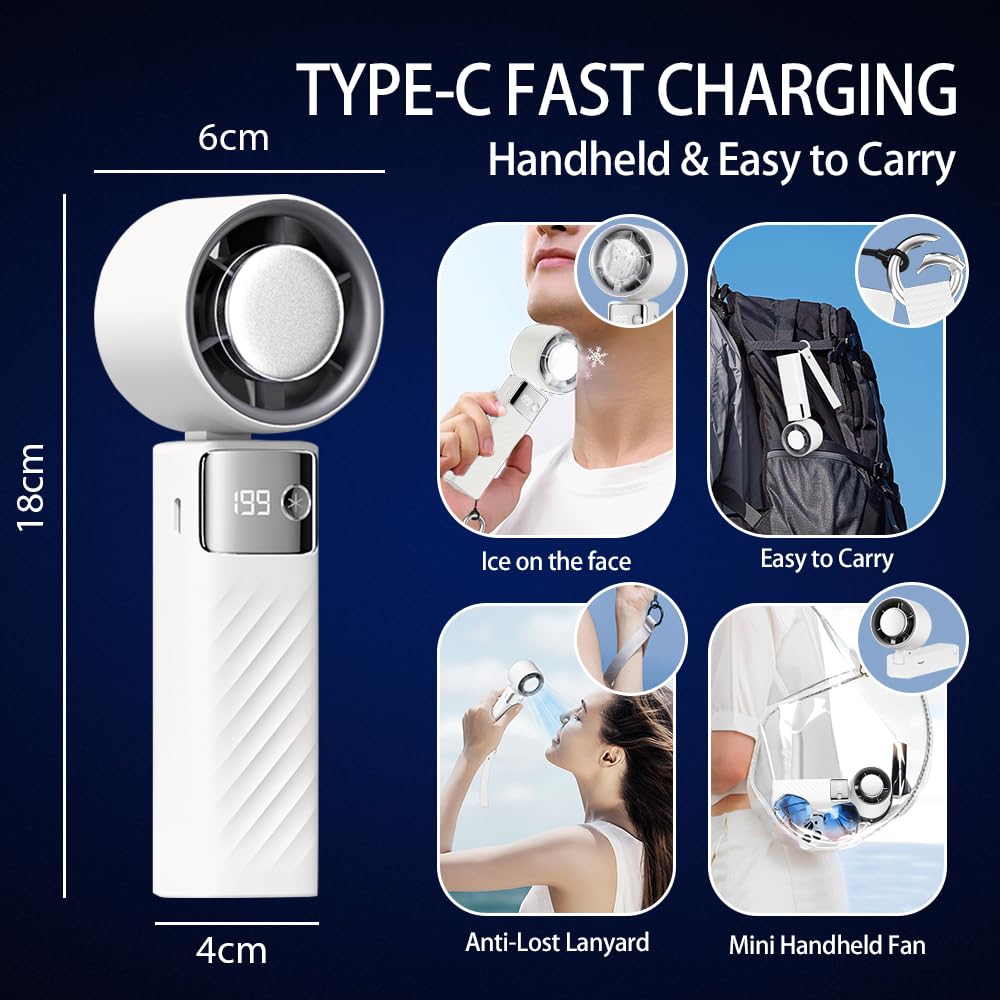 CATGIFF handheld fan, mini rechargeable battery operated fan, adjustable speed (1-199), digital display, 90° adjustable small quiet turbo fan for travel camping outdoor white