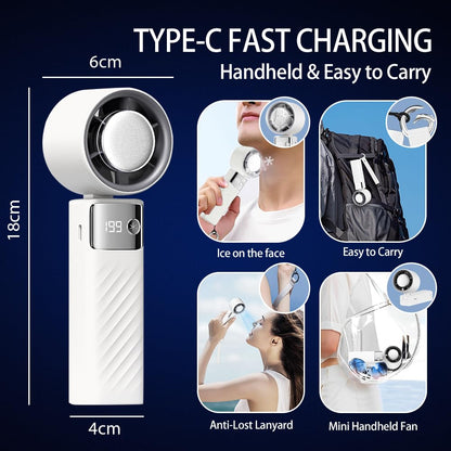 CATGIFF handheld fan, mini rechargeable battery operated fan, adjustable speed (1-199), digital display, 90° adjustable small quiet turbo fan for travel camping outdoor white