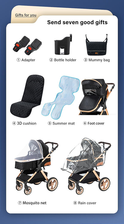 YAZOCO stroller 3 in 1 buggy baby bed complete set One-click collapsible stroller, combi stroller aluminum frame for newborns seat accessories (5 Khaki)