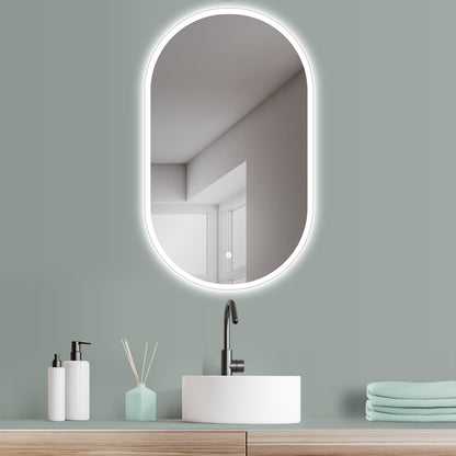 HOKO LED design mirror oval 45 x 75 cm. Can be mounted vertically or horizontally. Illuminated LED bathroom mirror, also for use as a vanity mirror. Features touch switch and adjustable LED lighting - warm white, cool white, neutral.