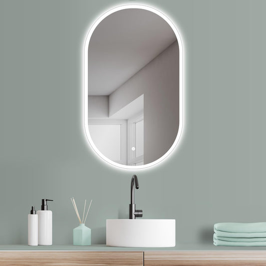 HOKO LED design mirror oval 45 x 75 cm. Can be mounted vertically or horizontally. Illuminated LED bathroom mirror, also for use as a vanity mirror. Features touch switch and adjustable LED lighting - warm white, cool white, neutral.