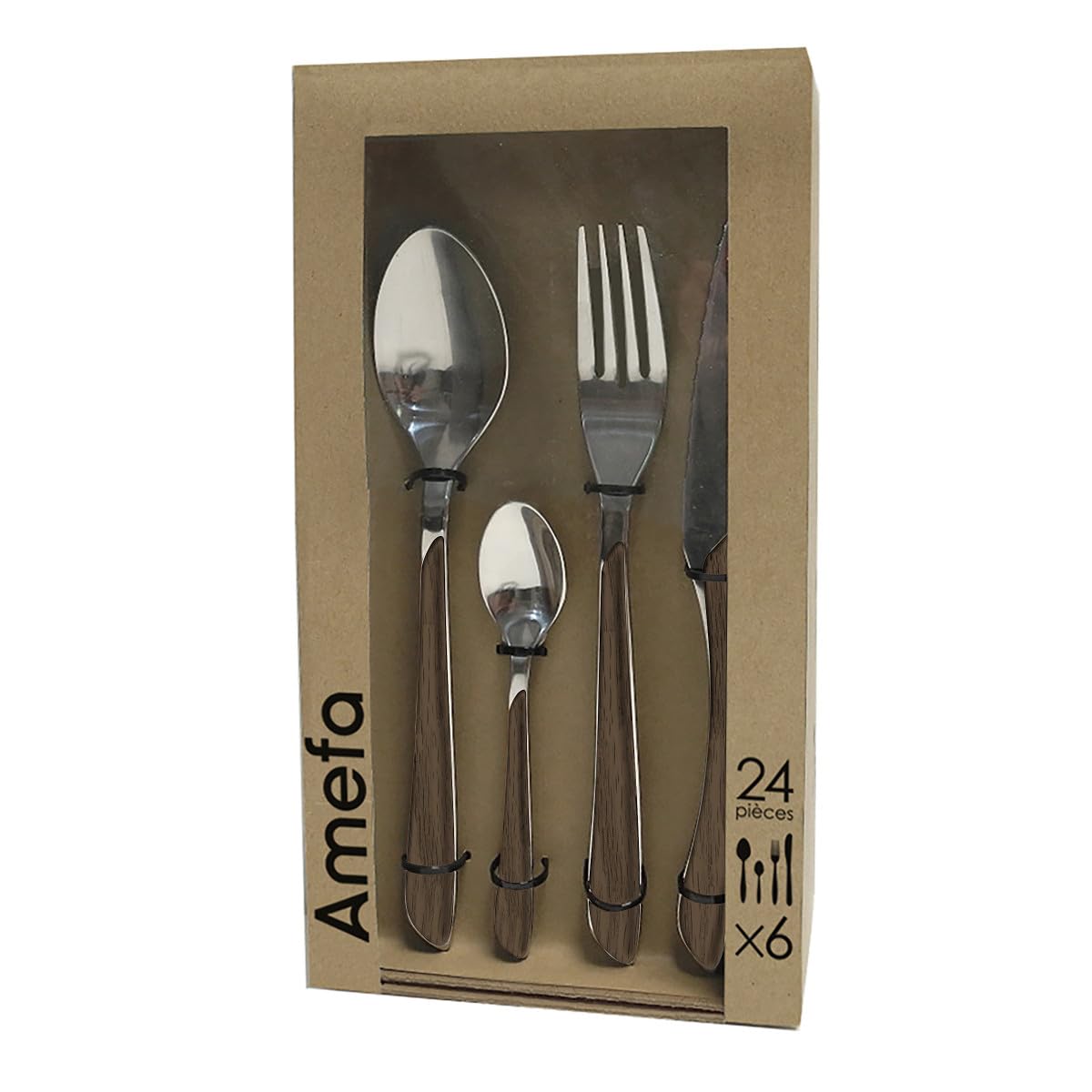 Amefa ECLAT cutlery set NATURE dark wood flatware 24 pieces for 6 people Stainless steel rustproof Plastic handle scales in wood look dishwasher safe Cutlery set for 6 people