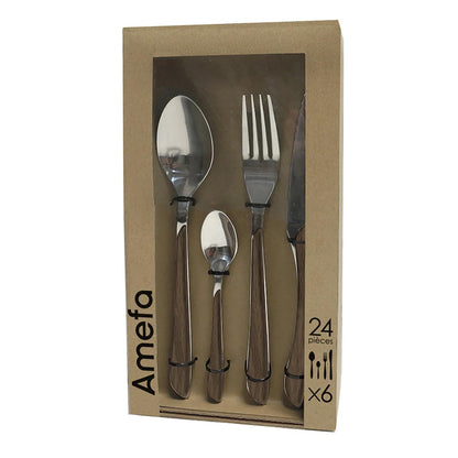 Amefa ECLAT cutlery set NATURE dark wood flatware 24 pieces for 6 people Stainless steel rustproof Plastic handle scales in wood look dishwasher safe Cutlery set for 6 people