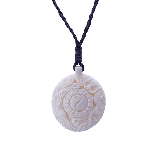81st generation women men hand-carved bone Yin Yang Phoenix Taoist dragon pendant necklace