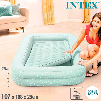 INTEX KidzTravel air mattress for children aged 3-6 years (71×132×10 cm) - Inflatable kids travel bed with built-in bumpers, including air pump. Mint green with star design.