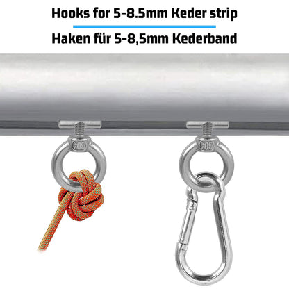 Homgaty keder rail hooks, 8 set 6mm stainless steel awning hooks keder stopper with carabiner, awning hook keder rail accessory for caravan, motorhome, trailer, campervan, boat, camping tent.
