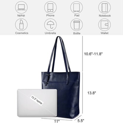 S-ZONE Women's Genuine Leather Bag Shopper Large Tote Handbag Top Handle Bag (D-Royal Blue)