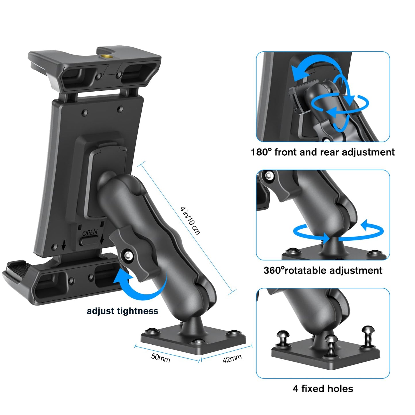 OHLPRO Tablet Holder for Car with High Performance Drill Base, Truck Tablet Holder 360° Rotatable Clamp Compatible with 5-13 inch iPad, Pro, Mini, Samsung Tab, Sturdy iPad Holder, Black