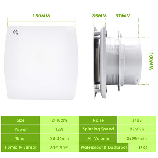 Randaco 100mm bathroom fan with humidity sensor, exhaust fan with backdraft damper & adjustable overrun timer. Bathroom fan for toilet and bathroom.