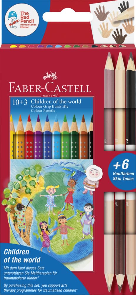 Faber-Castell 201746 - Colour Grip colored pencils Children of the world, 10 colored pencils + 3 pencils each with 2 skin tones, 1 piece