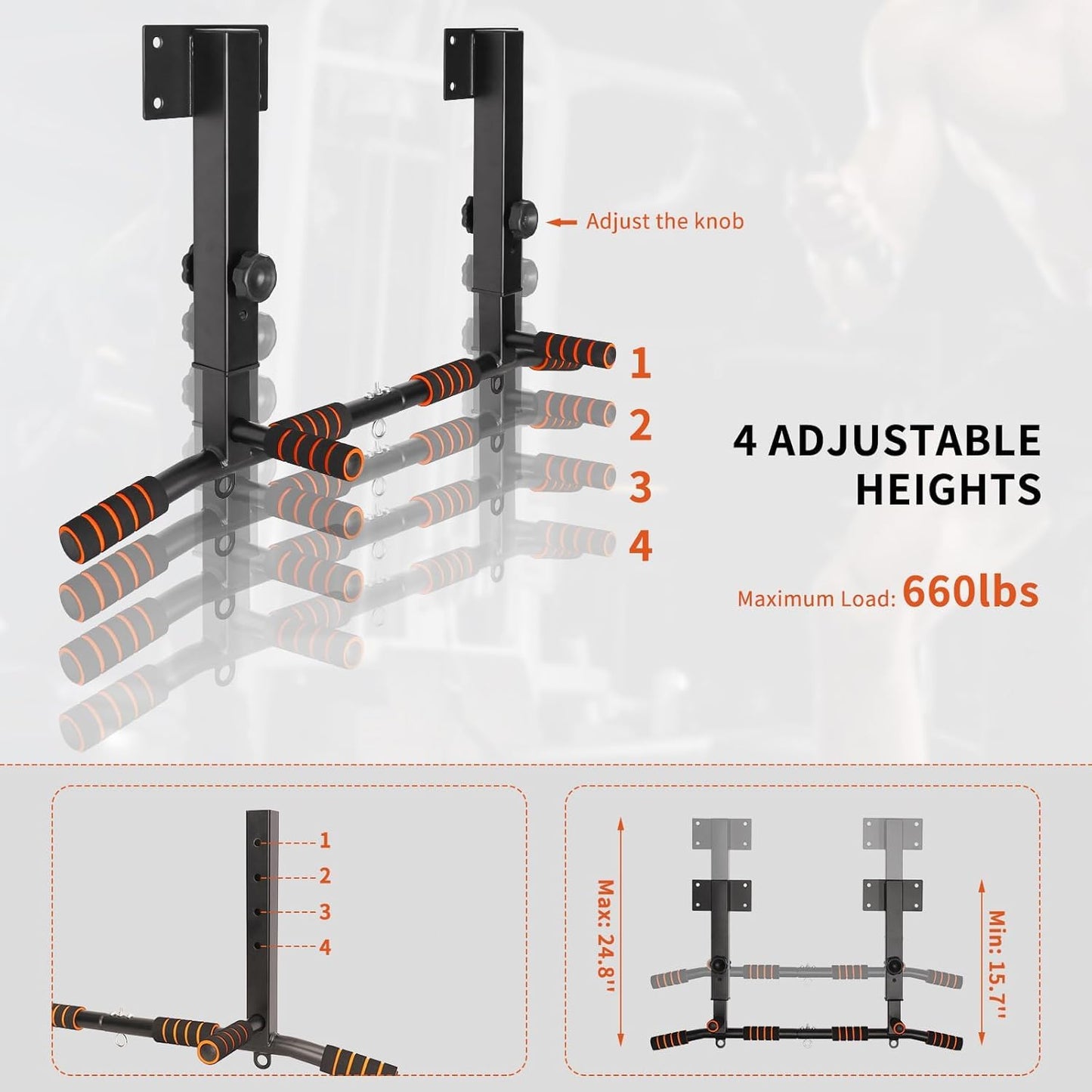 QZWGZ Bar Mount is a heavy-duty, height-adjustable pull-up bar that can support up to 200 kg. It features non-slip grips and is ideal for strength training at home or in the gym.