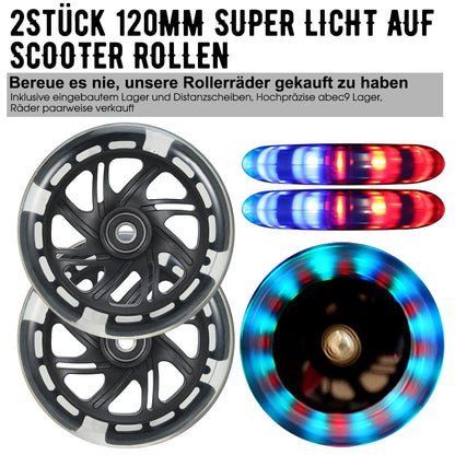 120mm Scooter Wheels - 2 pieces 120mm LED Scooter Replacement Wheels with ABEC-9 Bearings - 120mm bright flashing LED kick scooter wheels for micro globber roller (BLACK)
