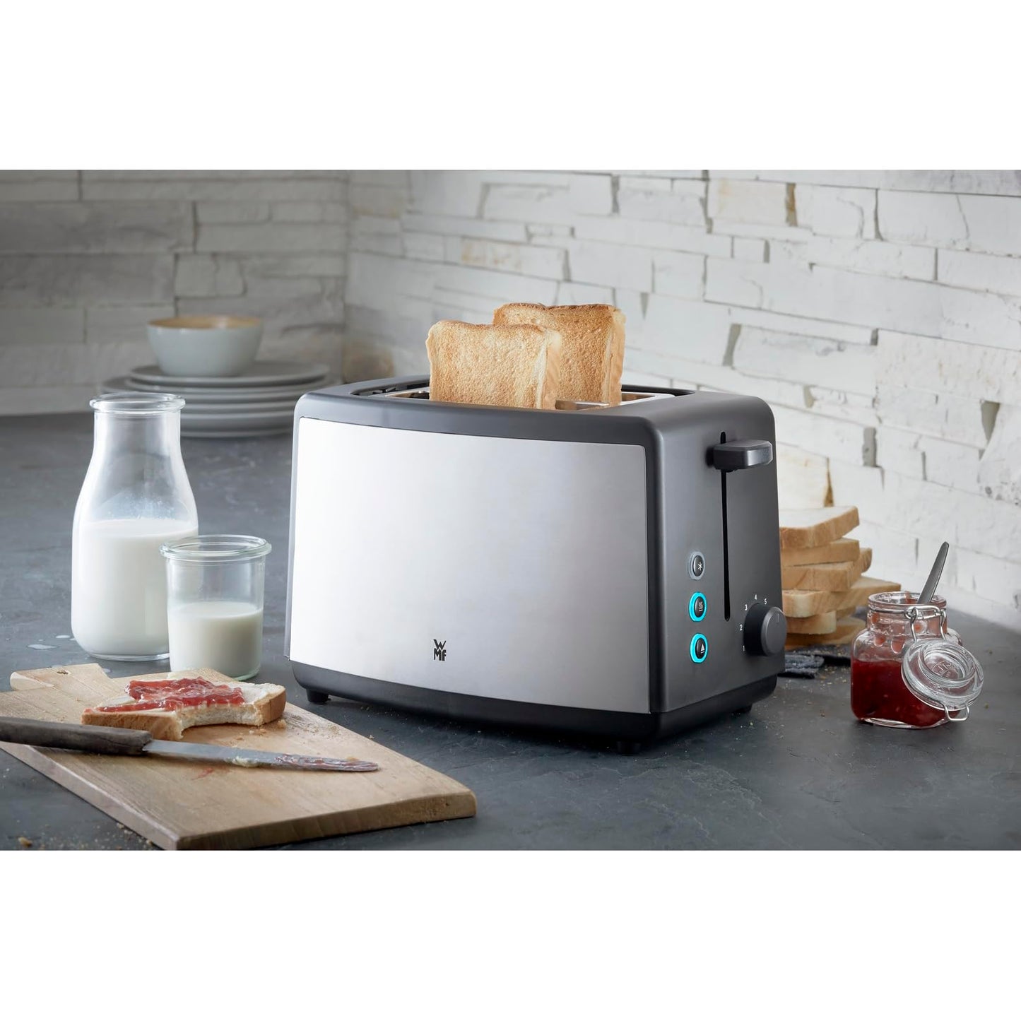 WMF Bueno Edition Toaster 2 Slice Stainless Steel, Two-slot toaster with bread roll attachment, 2 slices, 7 browning levels, 800 W, matte stainless steel