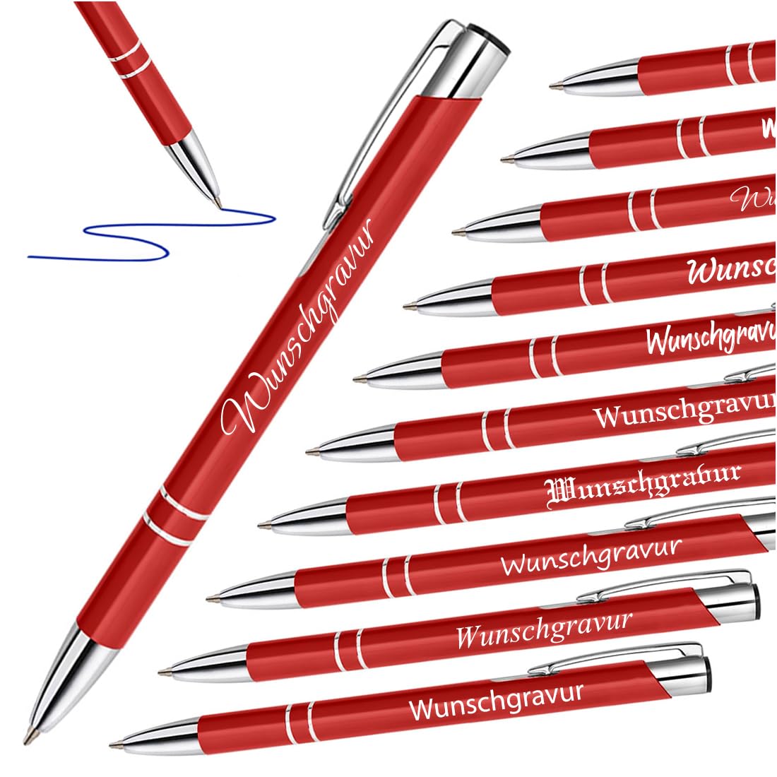 Polar effect 20 red metal pens with engraving - great birthday gift idea - promotional item - refillable jumbo ink cartridge - blue ink.