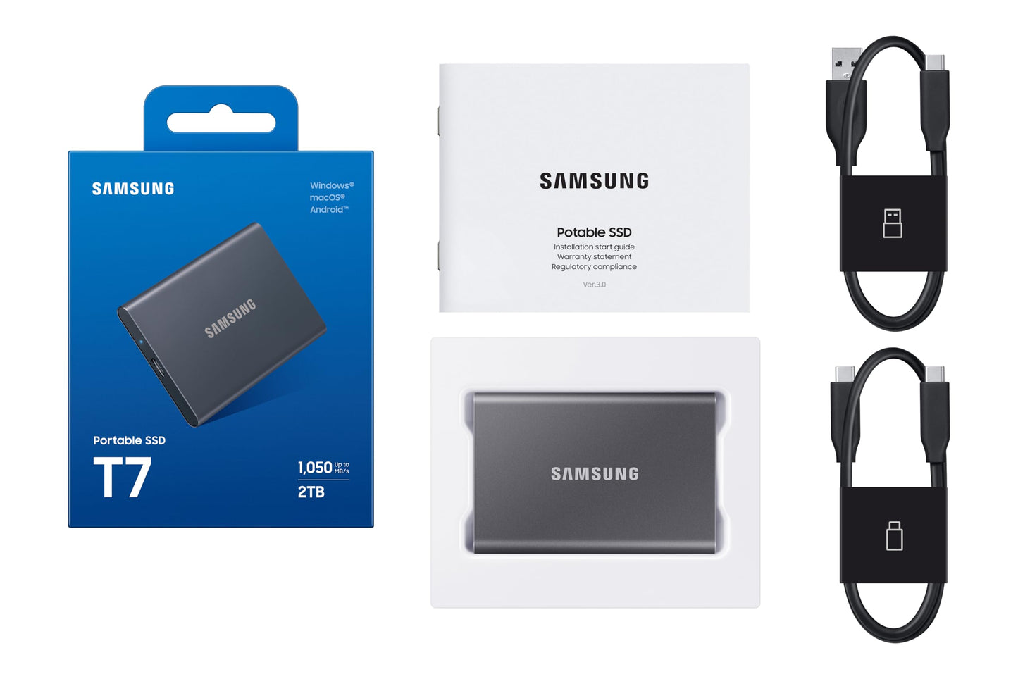 Samsung Portable SSD T7, 2TB SSD, USB 3.2 Gen.2, 1,050 MB/s Read, 1,000 MB/s Write, External SSD Drive for iPhone 15 and newer, Mac, PC, smartphone, and gaming console, Gray, MU-PC2T0T/WW