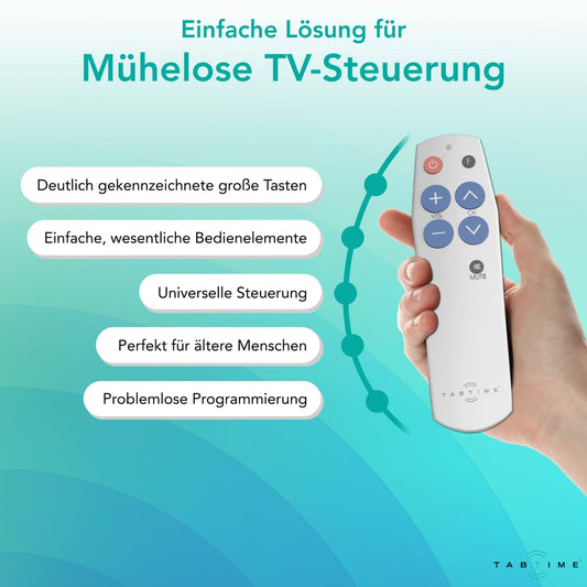 TabTime Senior Remote Control TV with large buttons - Easy to use & set up - Universal and simple TV remote control - suitable as a gift for people with dementia