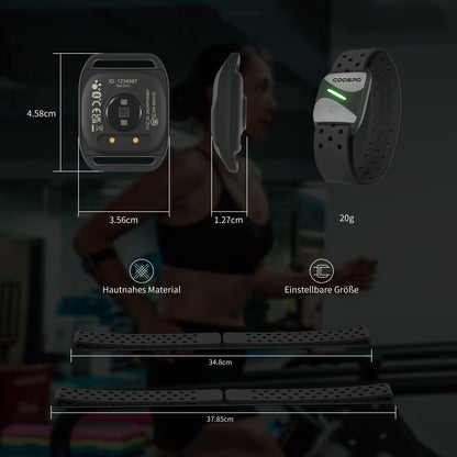 COOSPO HW807 Heart Rate Monitor Bracelet measures HRV heart rate training zone via Bluetooth 5.0/ANT+, LED heart rate sensor armband IP67 waterproof, rechargeable compatible with Wahoo, Zwift, Strava.