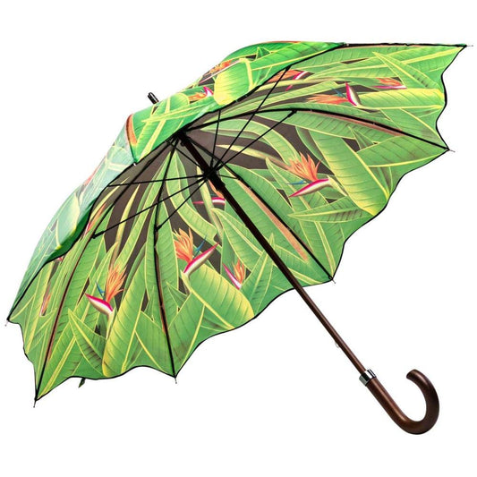 LUCKYWEATHER umbrella for women with Strelitzia design. Large, sturdy, and high-quality umbrella with UV protection.