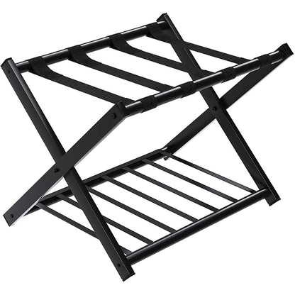 GYMAX Folding Luggage Rack, Double-Layer Luggage Stand with 4 sturdy straps & 2-tier design, luggage shelf supports up to 60 kg, luggage rack for guest room & hotel (1, Black)