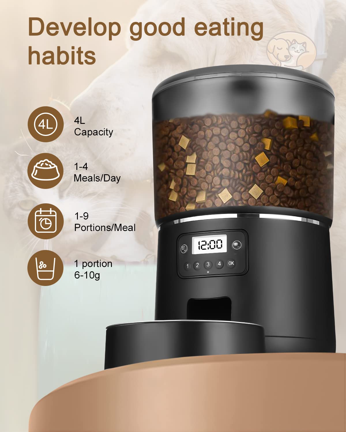 Automatic Pet Feeder 4L, feeder for cats, feeder for pets, feeder for dogs, up to 9 portions/4 meals per day, Anti-Clog & Dual Power Supply Cat Feeder with cat bowl and timer